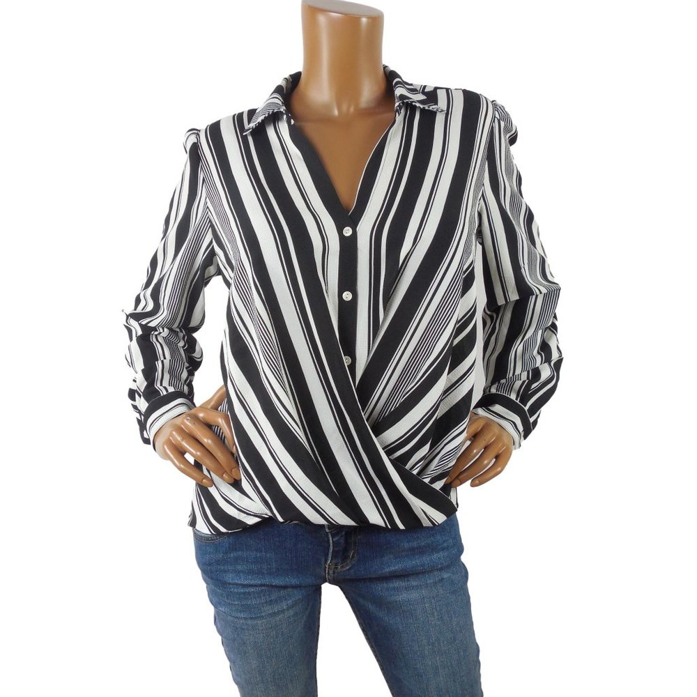 DRESSBARN Top M Black/White Striped Blouse NWT Hi/Low Stretch Roll Tab Long Slvs